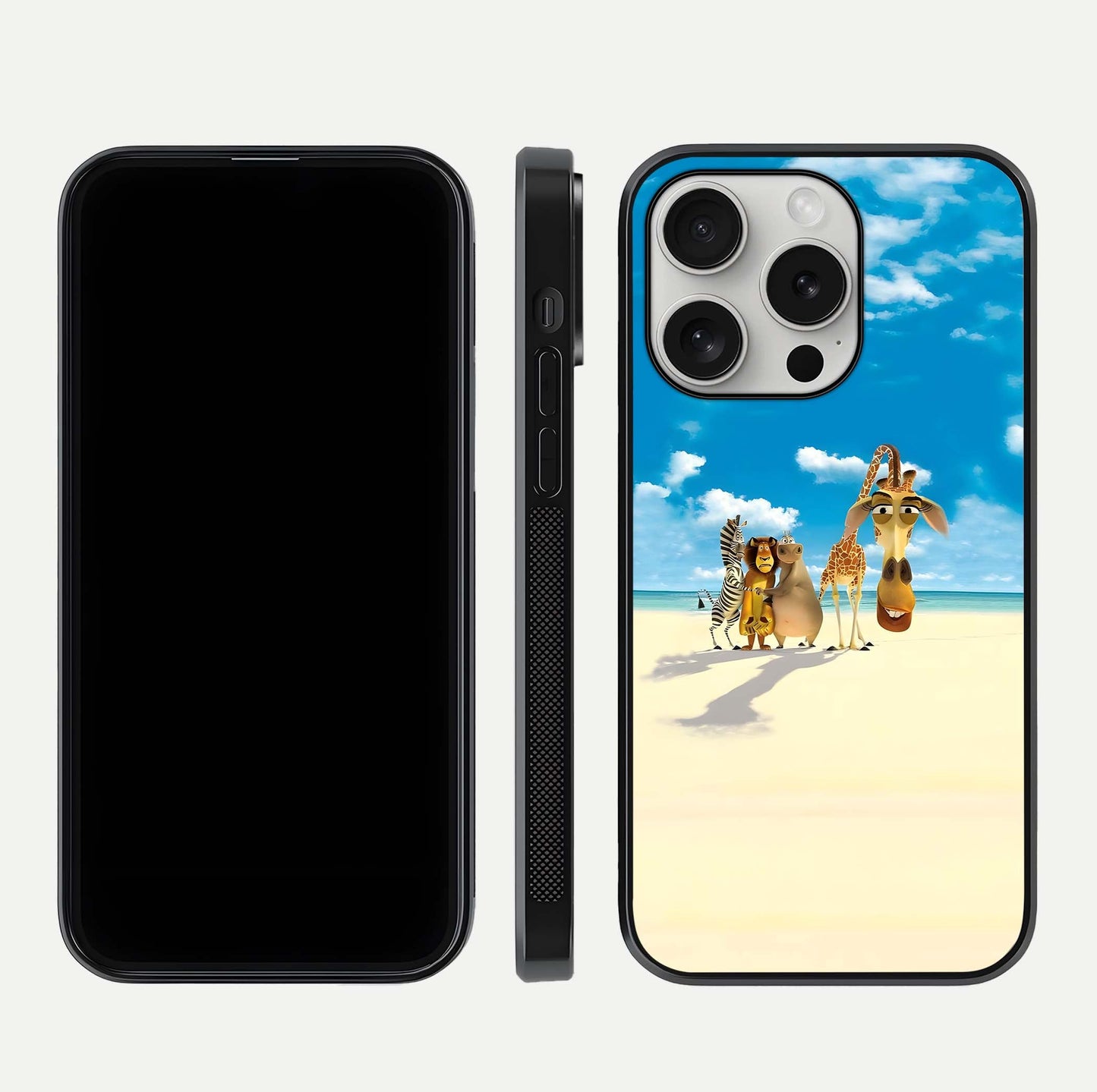 Tropical Fun Squad Glass Case for iPhone 16 Pro front & back layout showing fun pattern and smooth edges