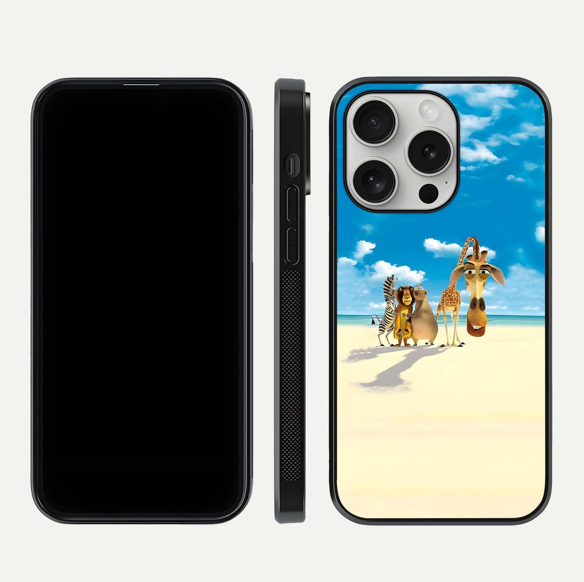 Tropical Fun Squad Glass Case for iPhone 16 Pro front & back layout showing fun pattern and smooth edges