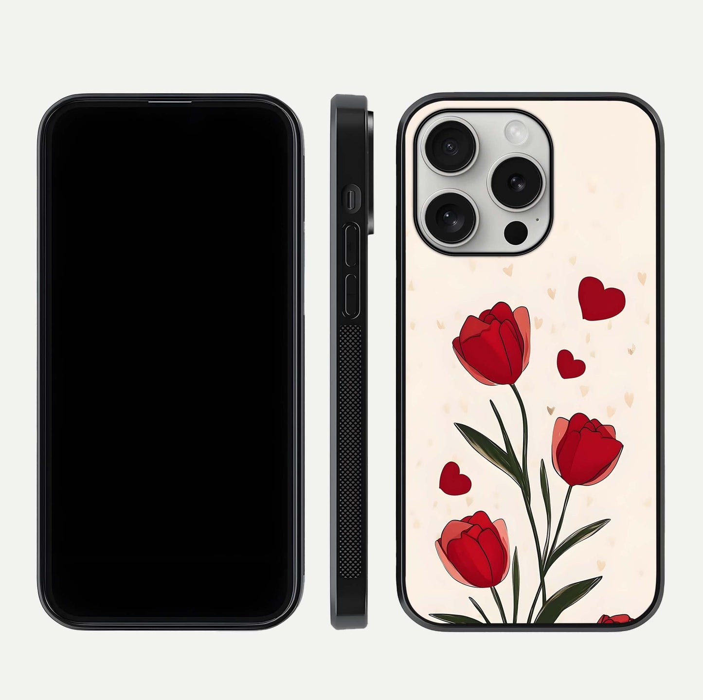 Tulip With Heart Glass Case for iPhone 16 Pro front & back layout showing heart motif and elegant gloss finish