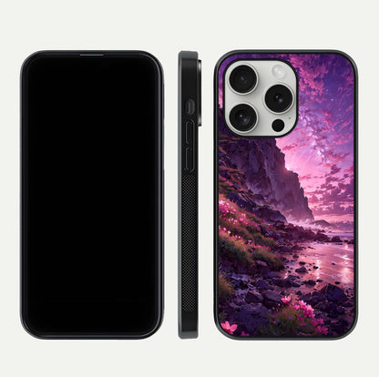 Twilight Blossom Coast Glass Case for iPhone 16 Pro front & back layout showing floral tones and curved edge