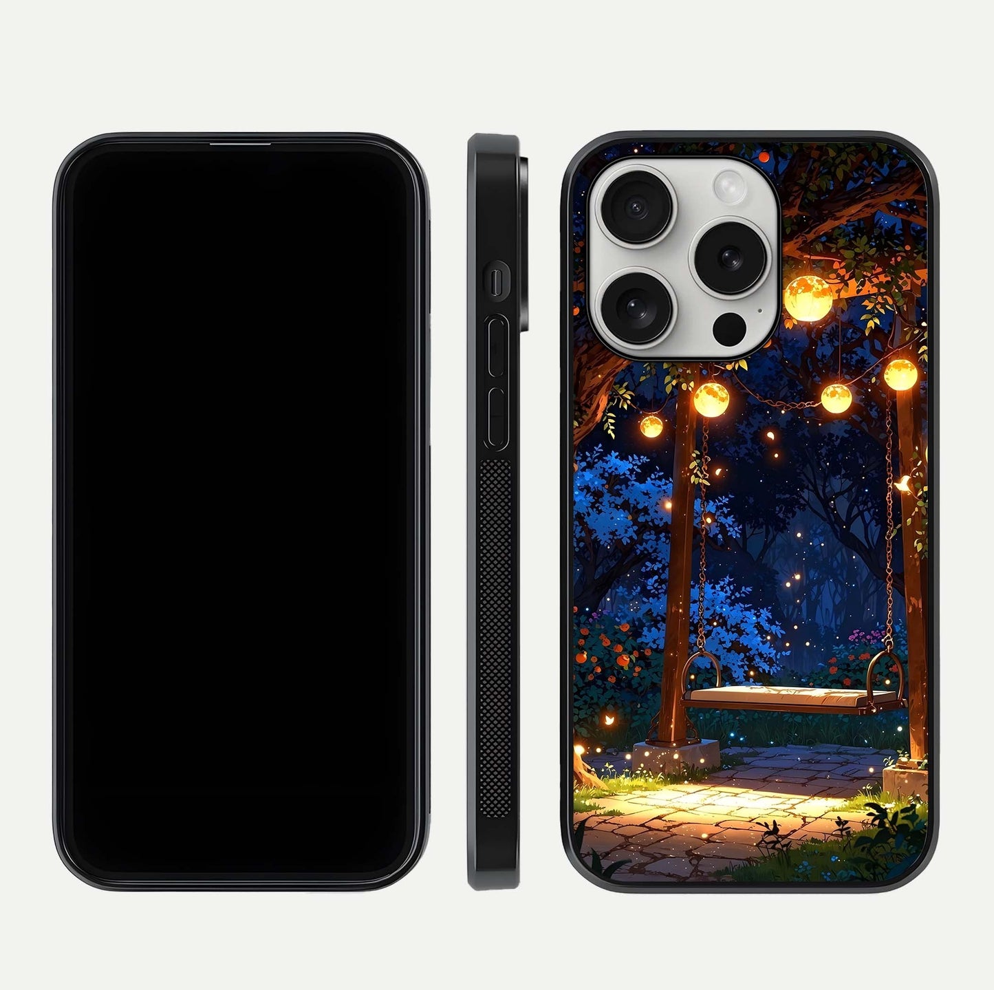 Twilight Garden Swing Glass Case for iPhone 16 Pro front & back layout showing garden art and clean edge
