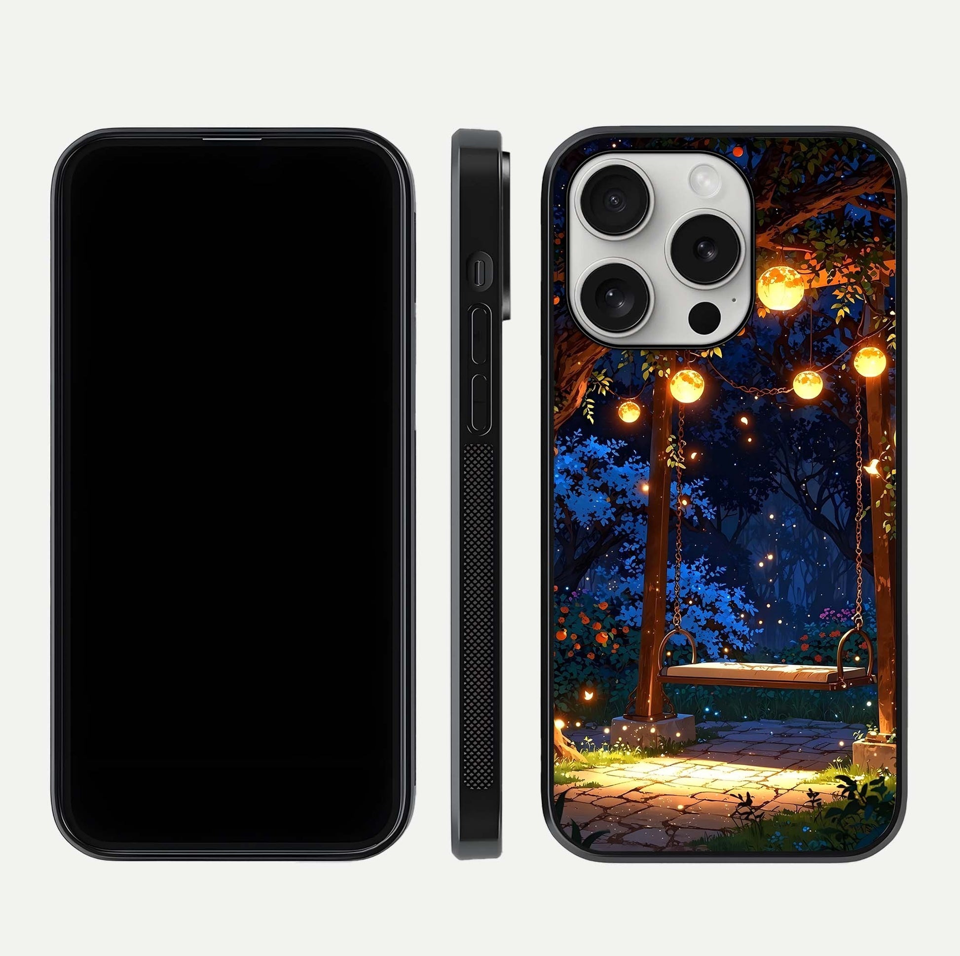 Twilight Garden Swing Glass Case for iPhone 16 Pro front & back layout showing garden art and clean edge