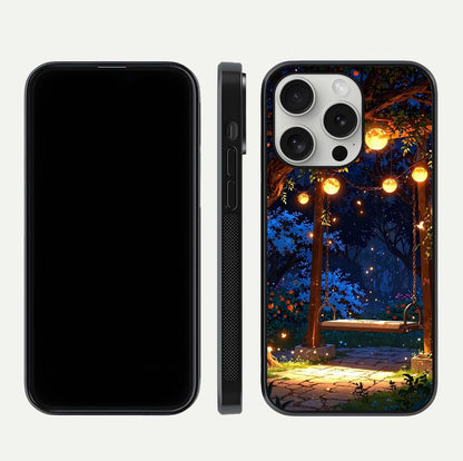 Twilight Garden Swing Glass Case for iPhone 16 Pro front & back layout showing garden art and clean edge
