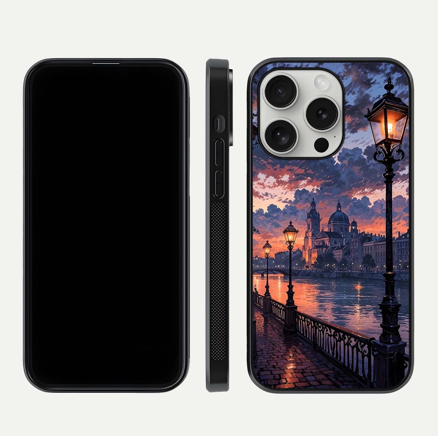 Twilight River Lights Glass Case for iPhone 16 Pro front & back layout showing scenic artwork and smooth curved edges