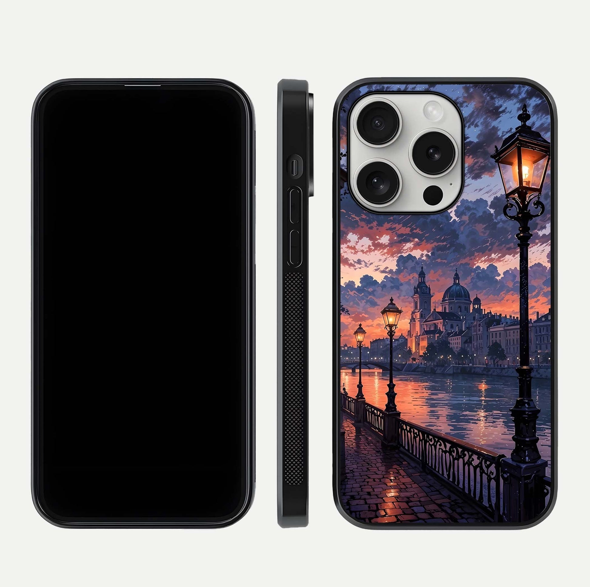 Twilight River Lights Glass Case for iPhone 16 Pro front & back layout showing scenic artwork and smooth curved edges