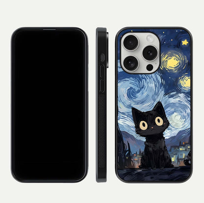Van Gogh Cat Glass Case for iPhone 16 Pro front & back layout showing detailed art print and curved glass edges