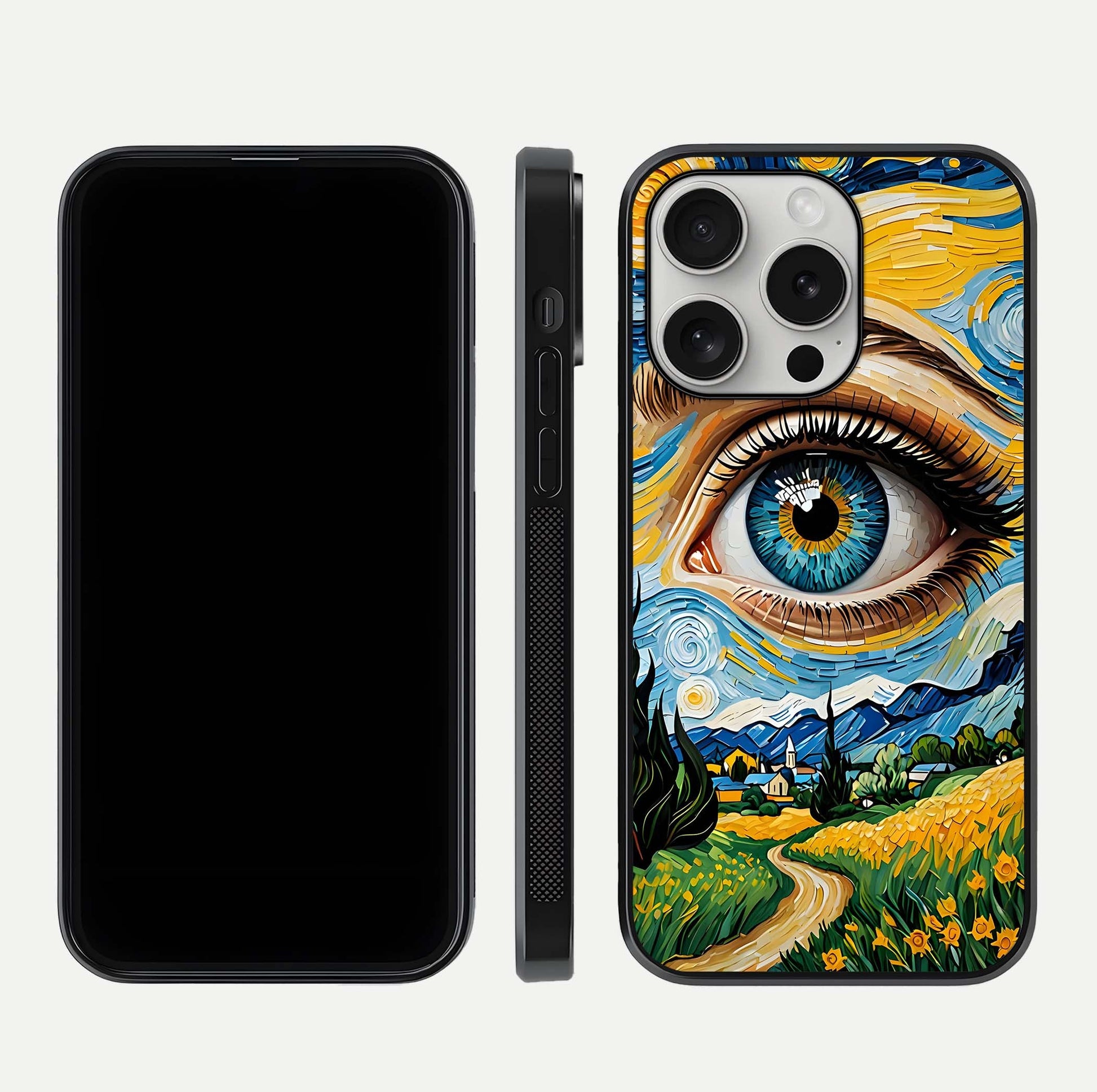 Van Gogh Eye Glass Case for iPhone 16 Pro front & back layout showing brushstroke detail and smooth finish