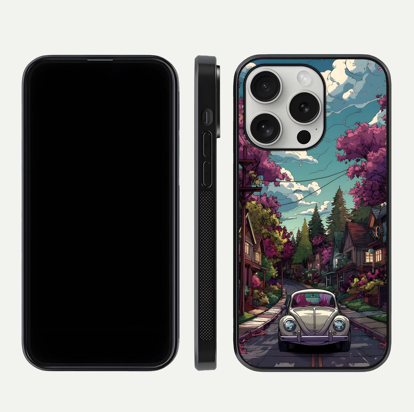 Vintage Street Drive Glass Case for iPhone 16 Pro front & back layout showing retro street scene and edges