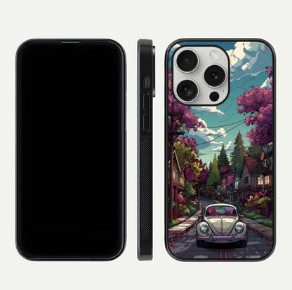 Vintage Street Drive Glass Case for iPhone 16 Pro front & back layout showing retro street scene and edges