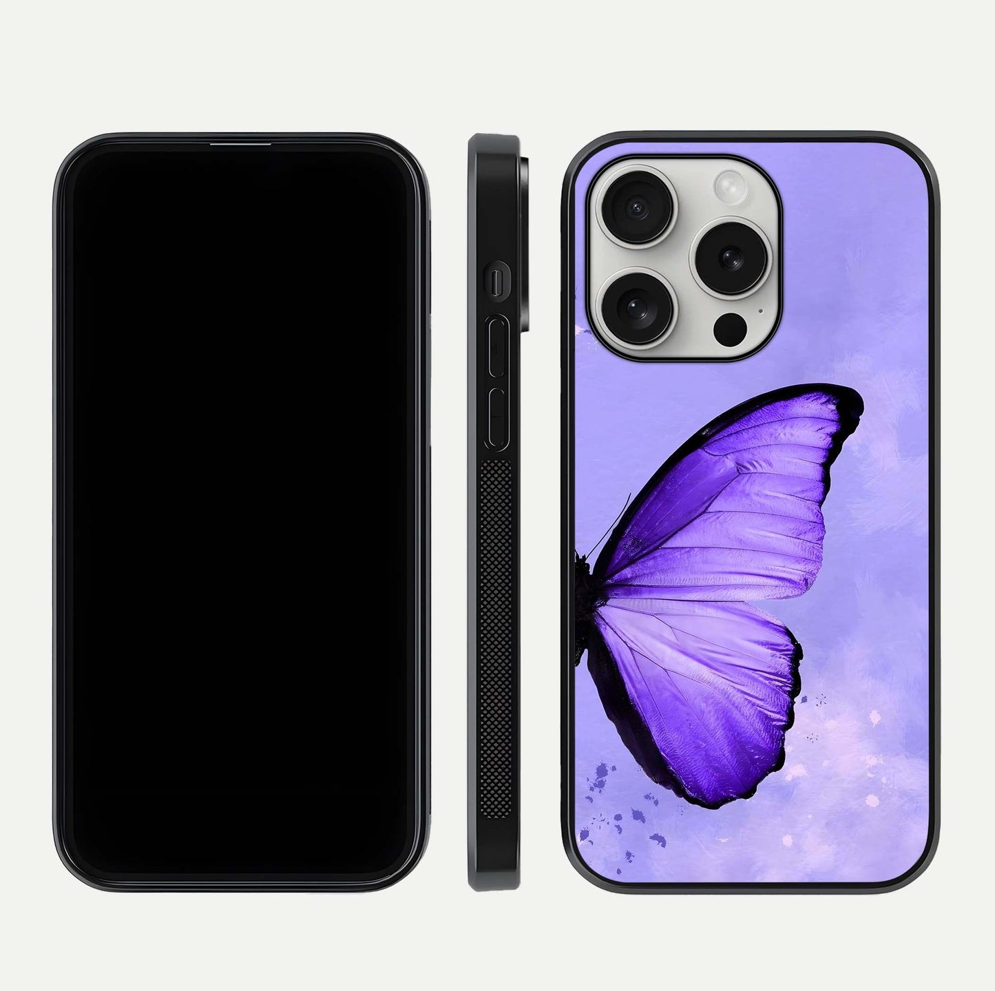 Violet Dream Wing Glass Case for iPhone 16 Pro front & back layout showing violet tones and smooth edges