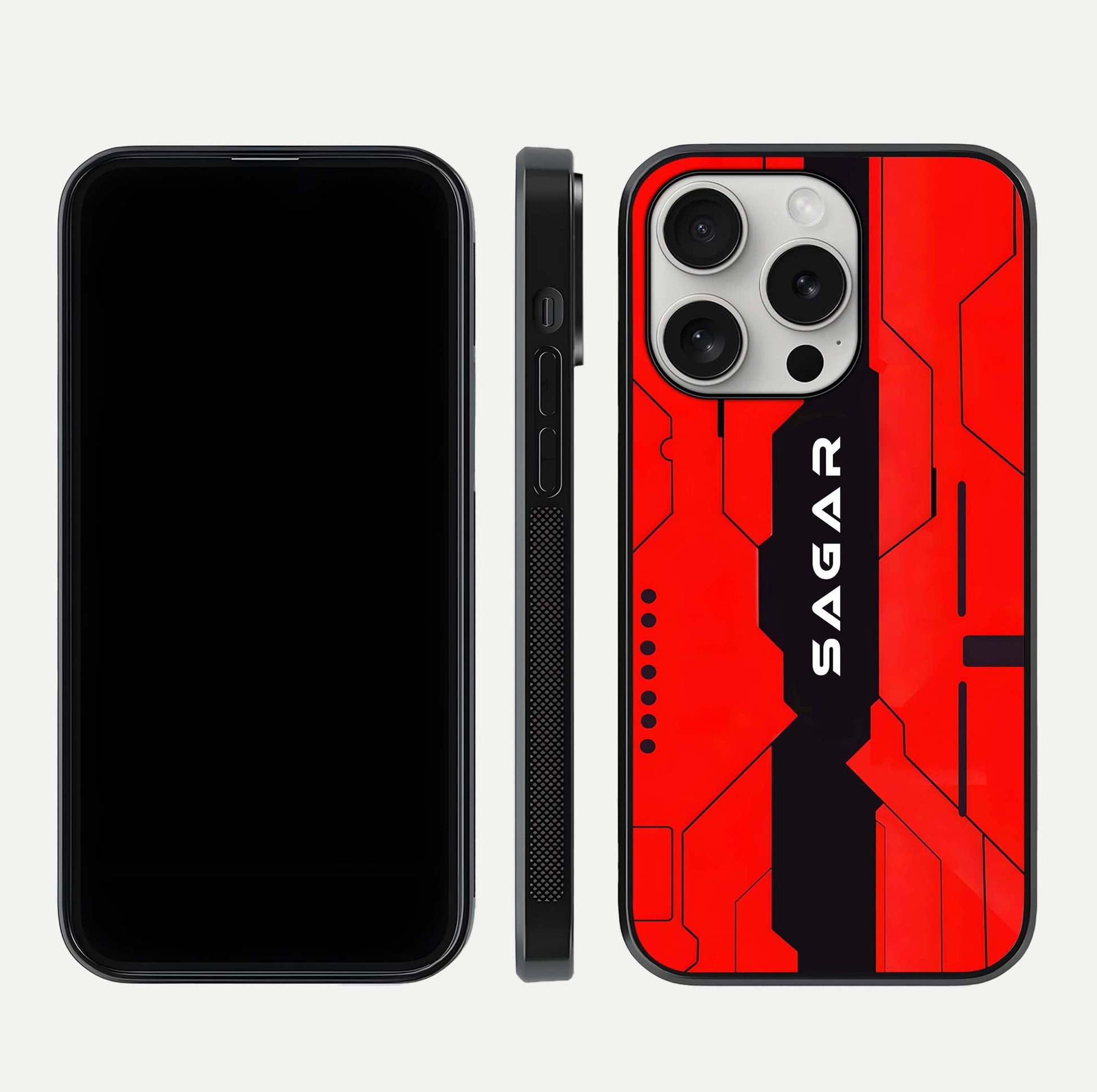 Voltage Rise CYBERPUNK Custom Name Glass Case for iPhone 16 Pro front & back layout showing futuristic tones and sleek edge