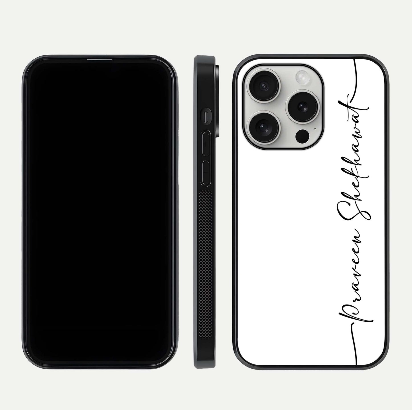 White Tune Custom Name Glass Case for iPhone 16 Pro front & back layout showing clean design and text placement