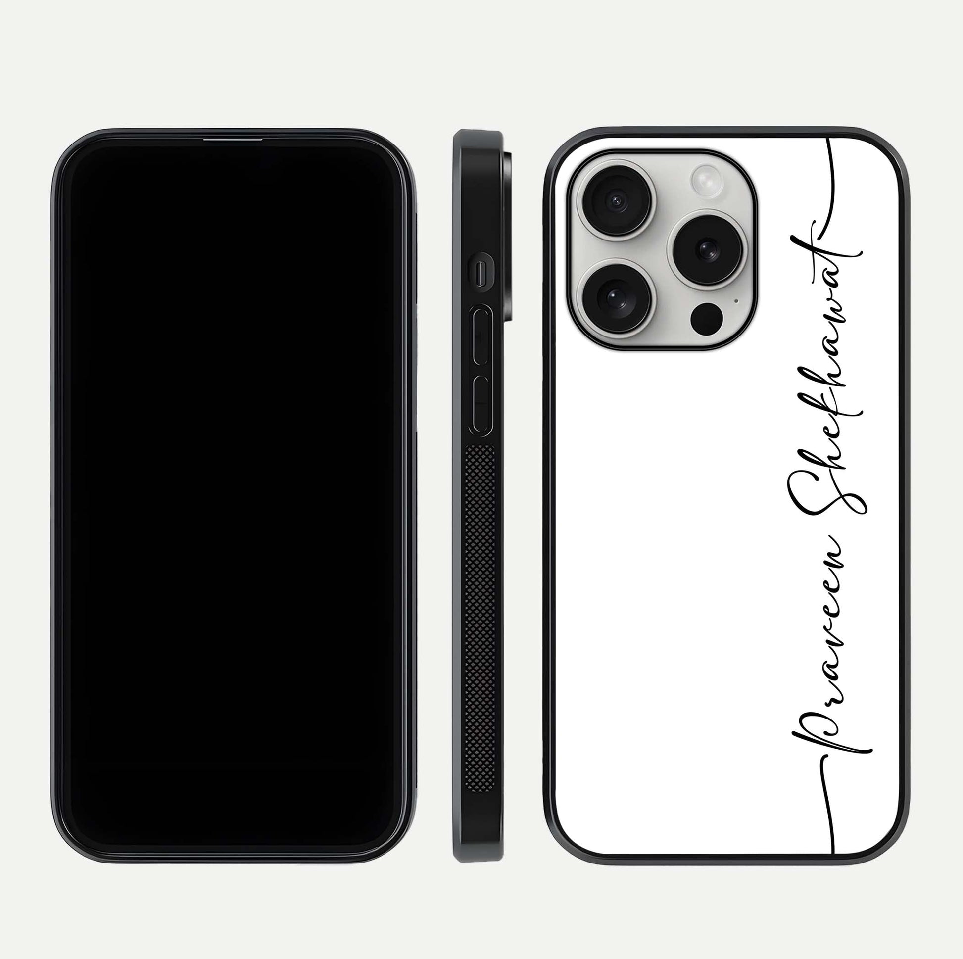 White Tune Custom Name Glass Case for iPhone 16 Pro front & back layout showing clean design and text placement