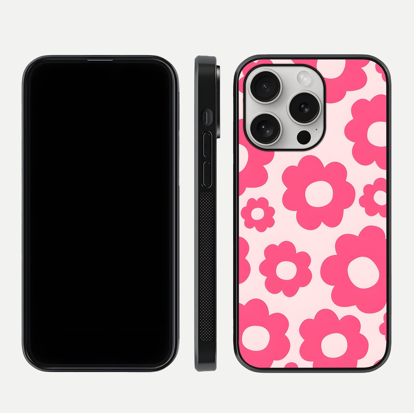 Blush Flower Pop iPhone 16 Pro glass phone case front and side layout view showing slim profile and full floral coverage