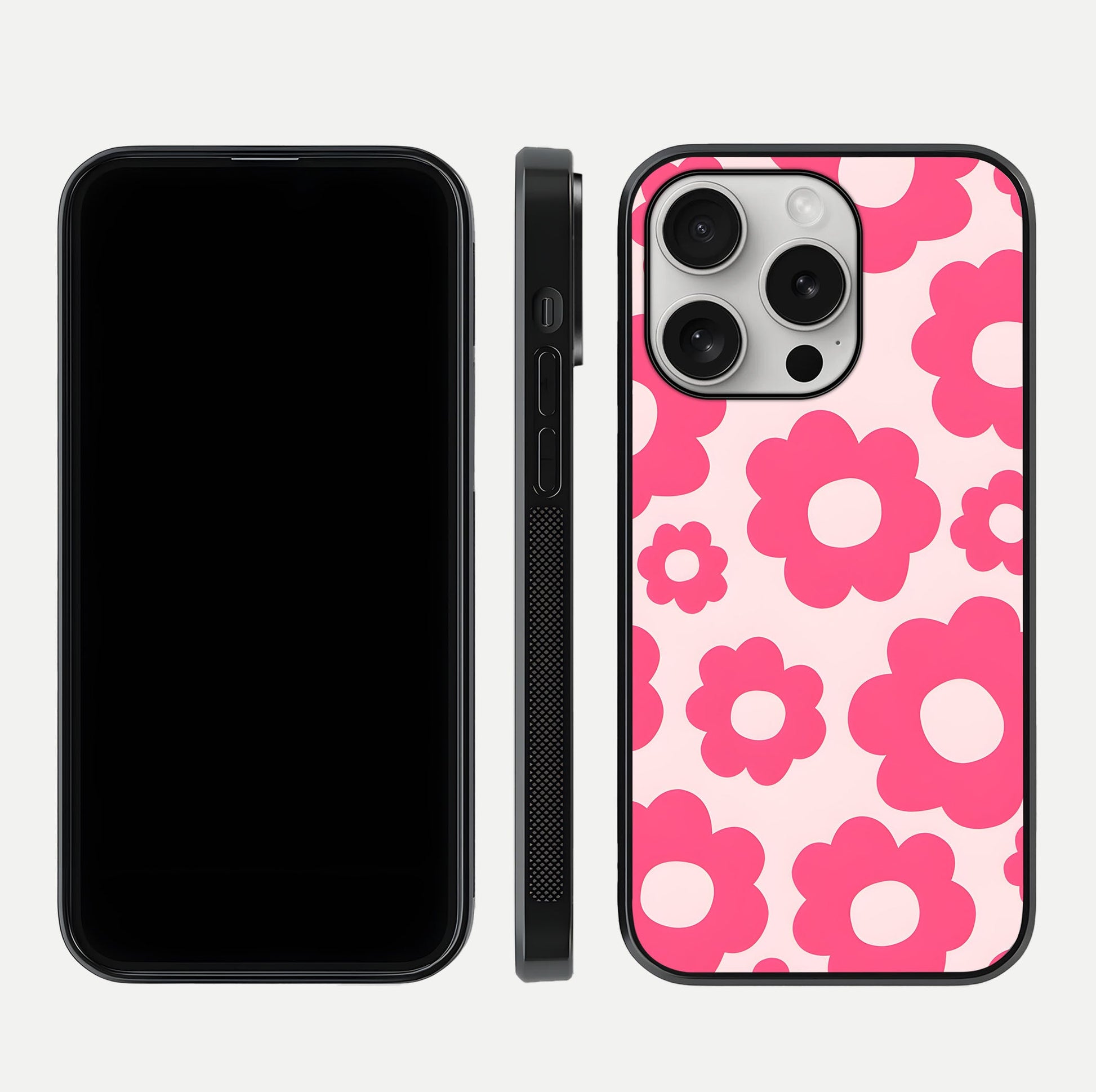 Blush Flower Pop iPhone 16 Pro glass phone case front and side layout view showing slim profile and full floral coverage