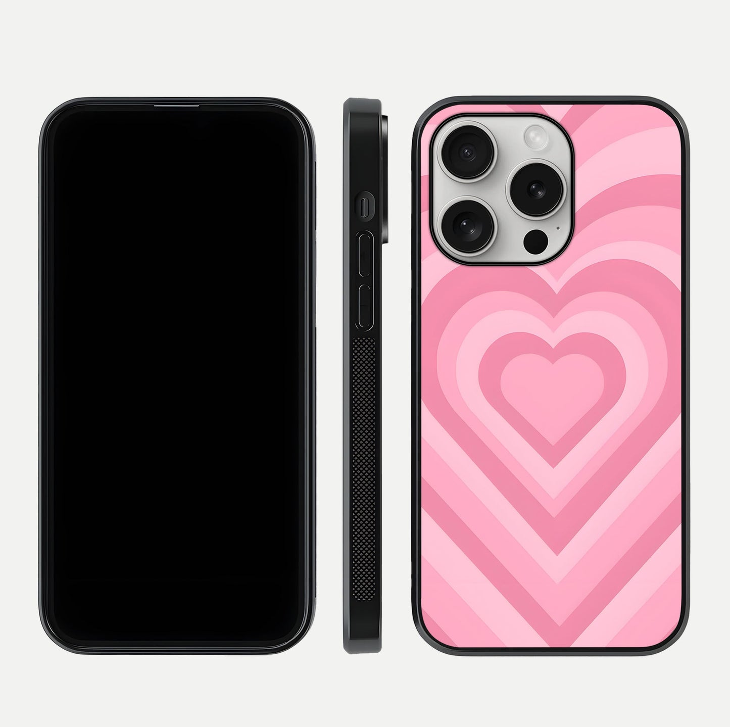 Blush Heart Waves iPhone 16 Pro glass phone case front and side layout view displaying slim frame and full heart pattern
