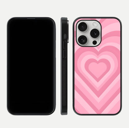 Blush Heart Waves iPhone 16 Pro glass phone case front and side layout view displaying slim frame and full heart pattern