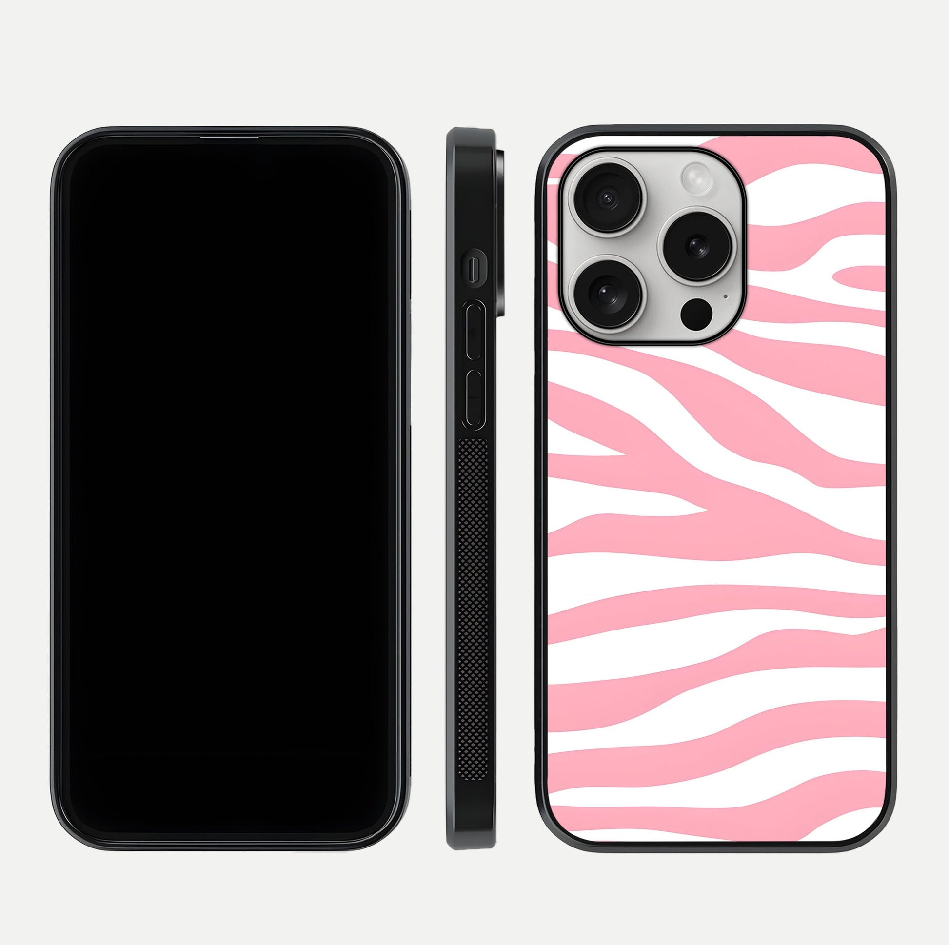 Blush Zebra Flow iPhone 16 Pro glass phone case front and side layout view showing slim build and flowing pattern coverage