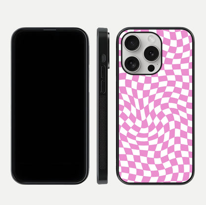 Bubblegum Check Wave iPhone 16 Pro glass phone case front and side layout view displaying slim profile and full pattern coverage
