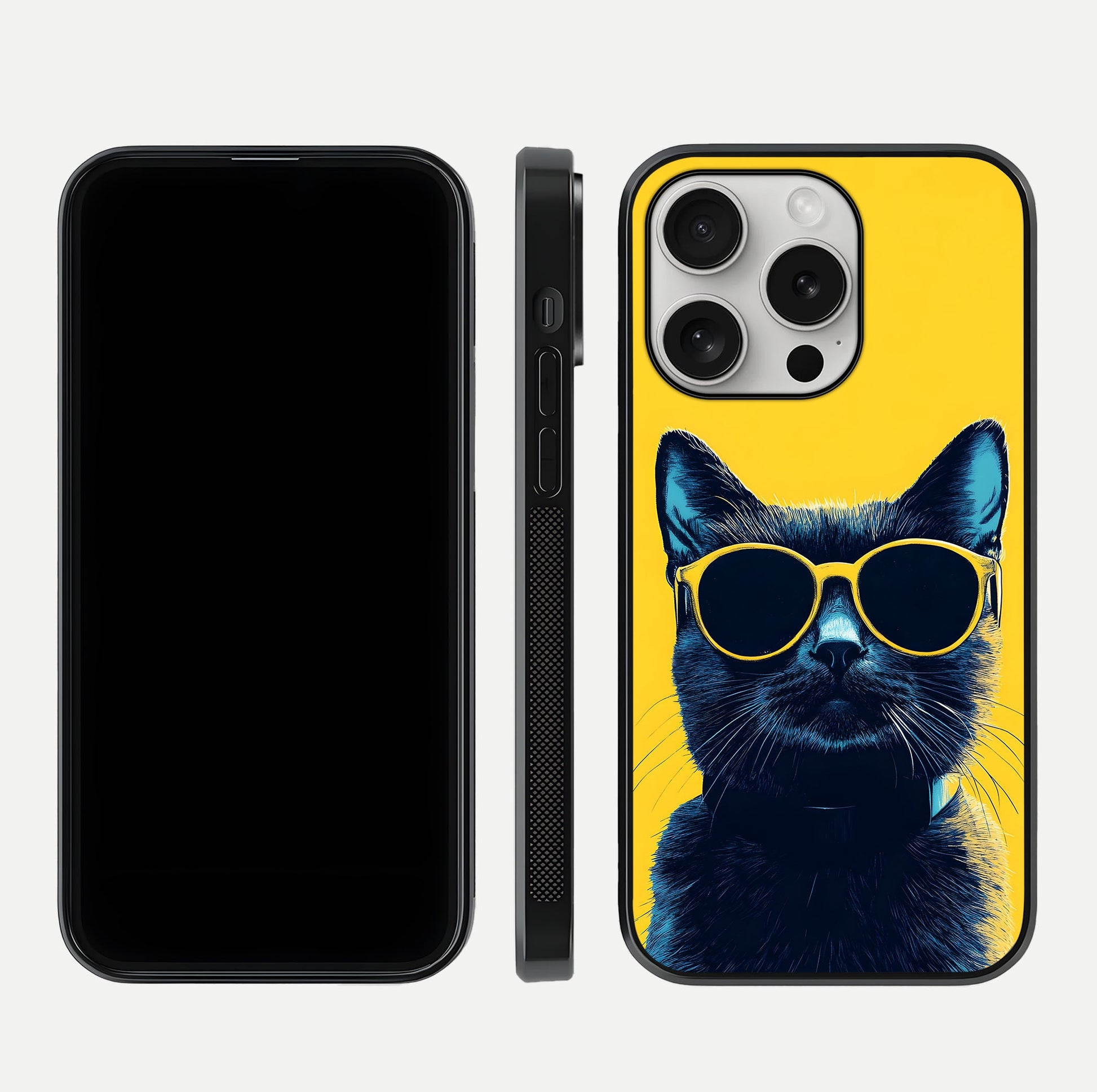 Cool Cat Vibes iPhone 16 Pro glass phone case front and side layout view showing slim frame and full design coverage