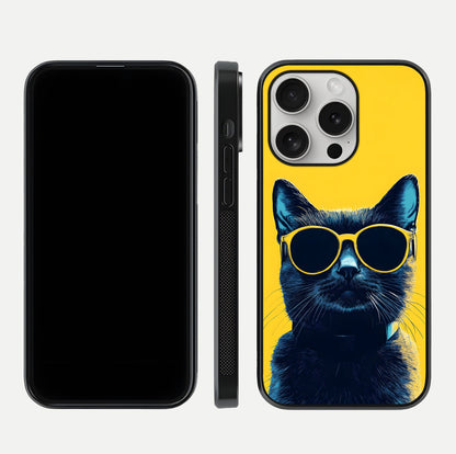 Cool Cat Vibes iPhone 16 Pro glass phone case front and side layout view showing slim frame and full design coverage