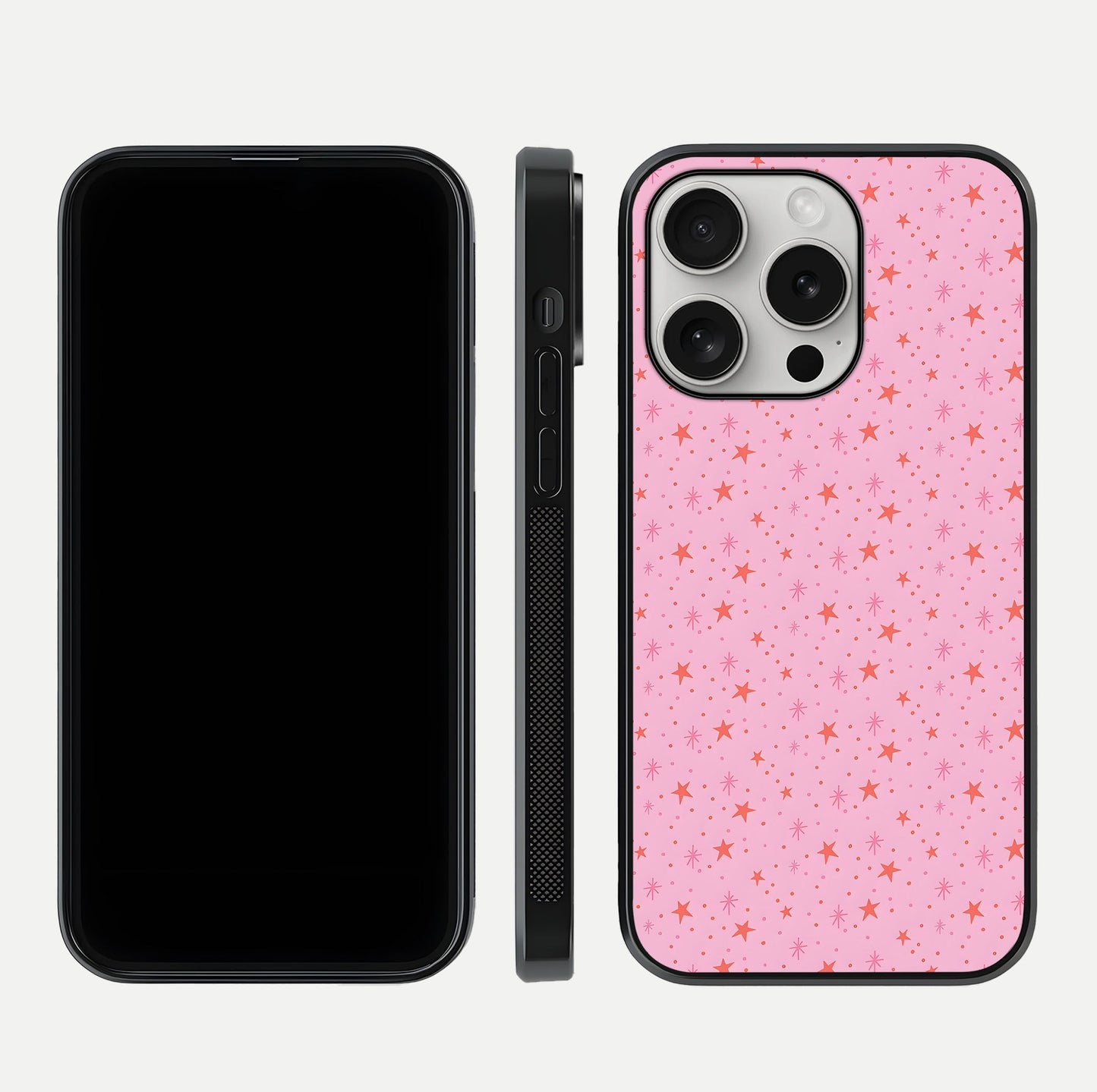 Cosmic Pink Sparkle iPhone 16 Pro glass phone case front and side layout view displaying slim profile and full cosmic coverage