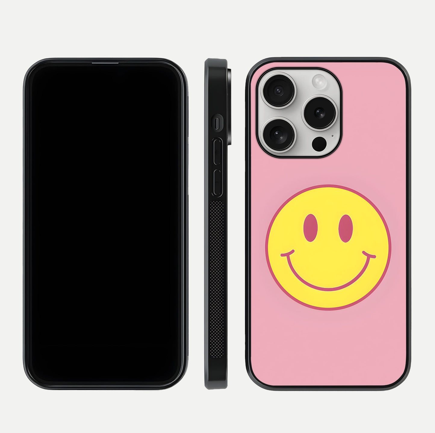 Happy Pink Mood iPhone 16 Pro glass phone case front and side layout view showing slim build and full pink coverage