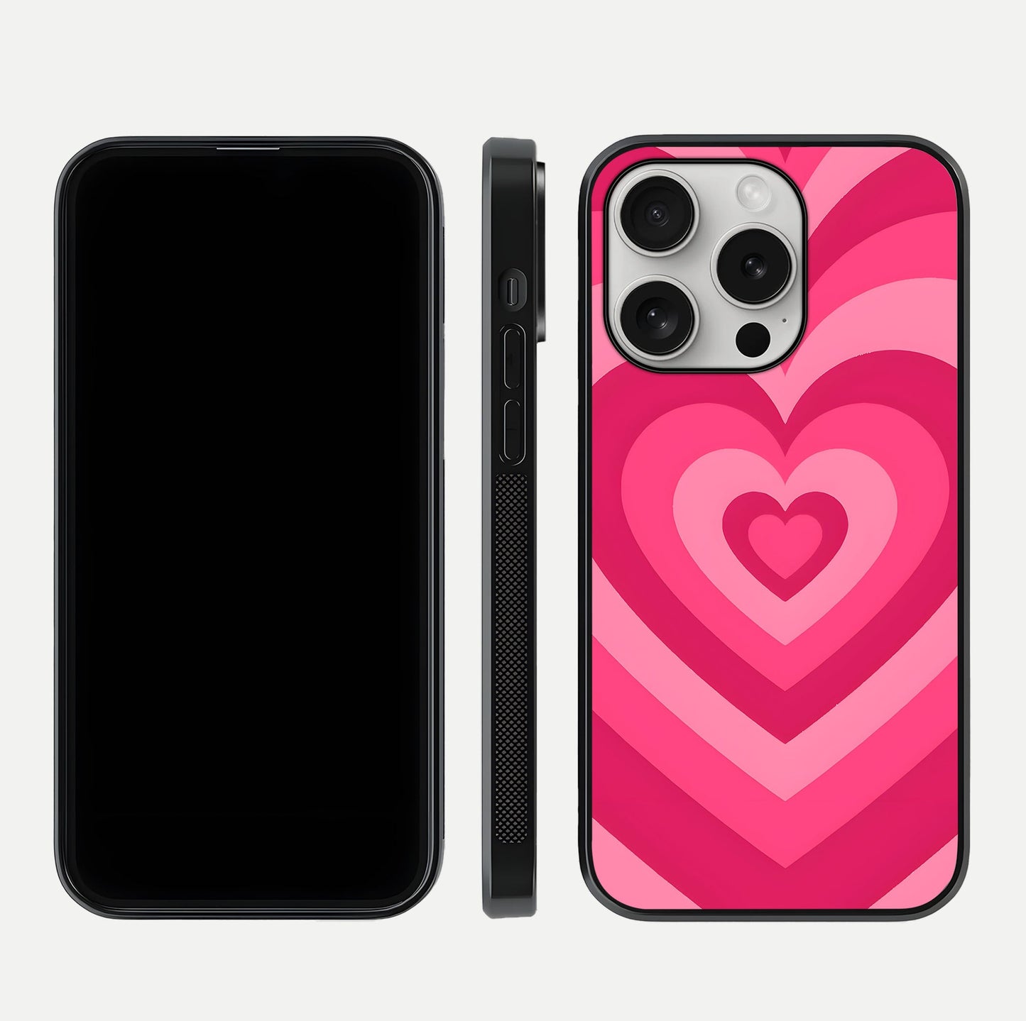 Layered Love Hearts iPhone 16 Pro glass phone case front and side layout view displaying slim profile and full heart design
