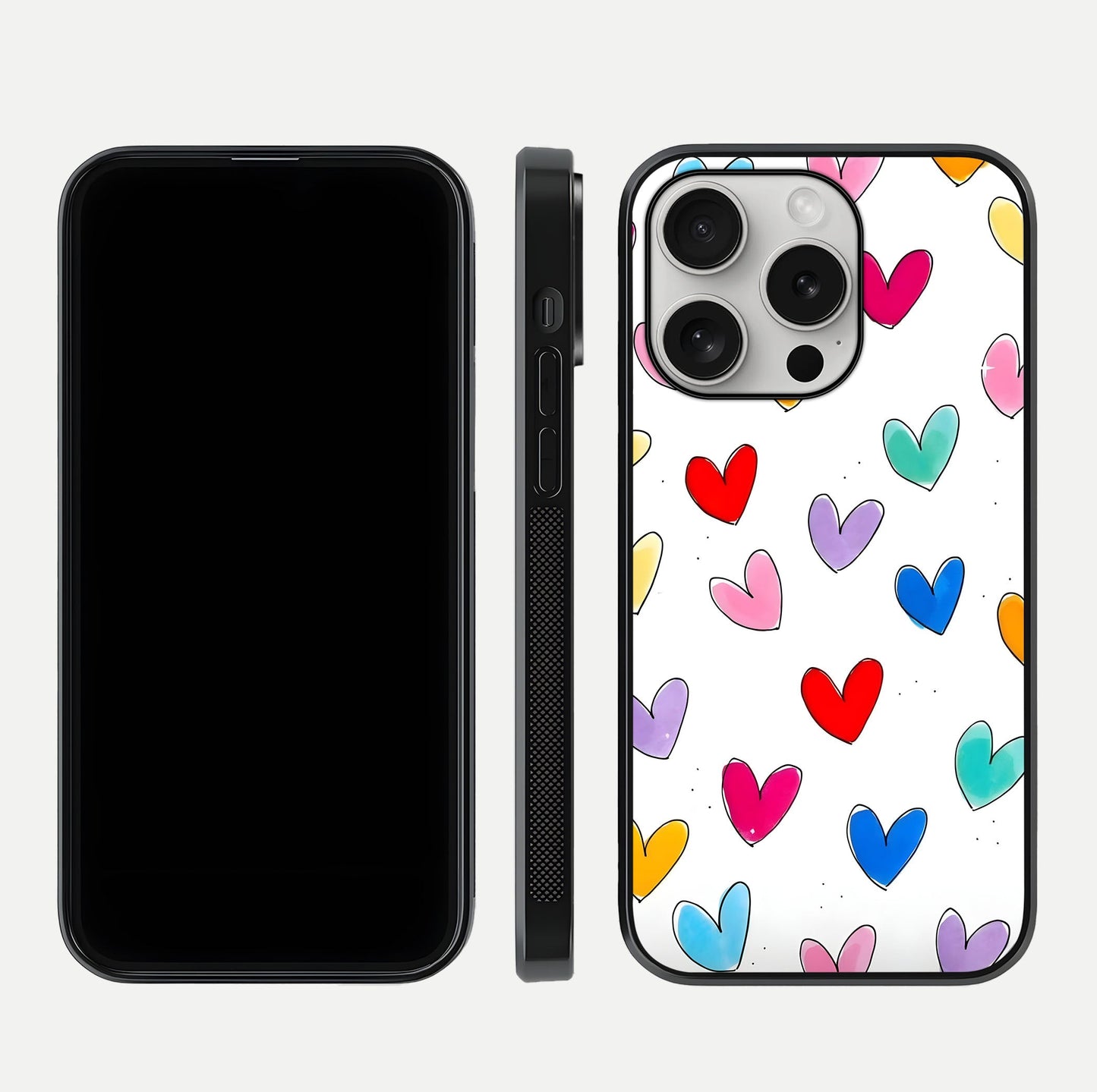 Playful Love Doodles iPhone 16 Pro glass phone case front and side layout view showing slim build and full doodle coverage
