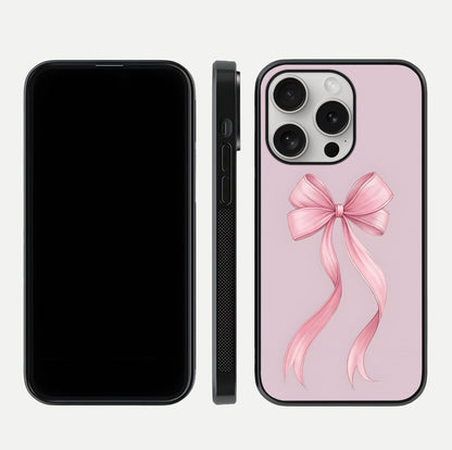 Soft Blush Bow iPhone 16 Pro glass phone case front and side layout view displaying slim profile and gentle aesthetic