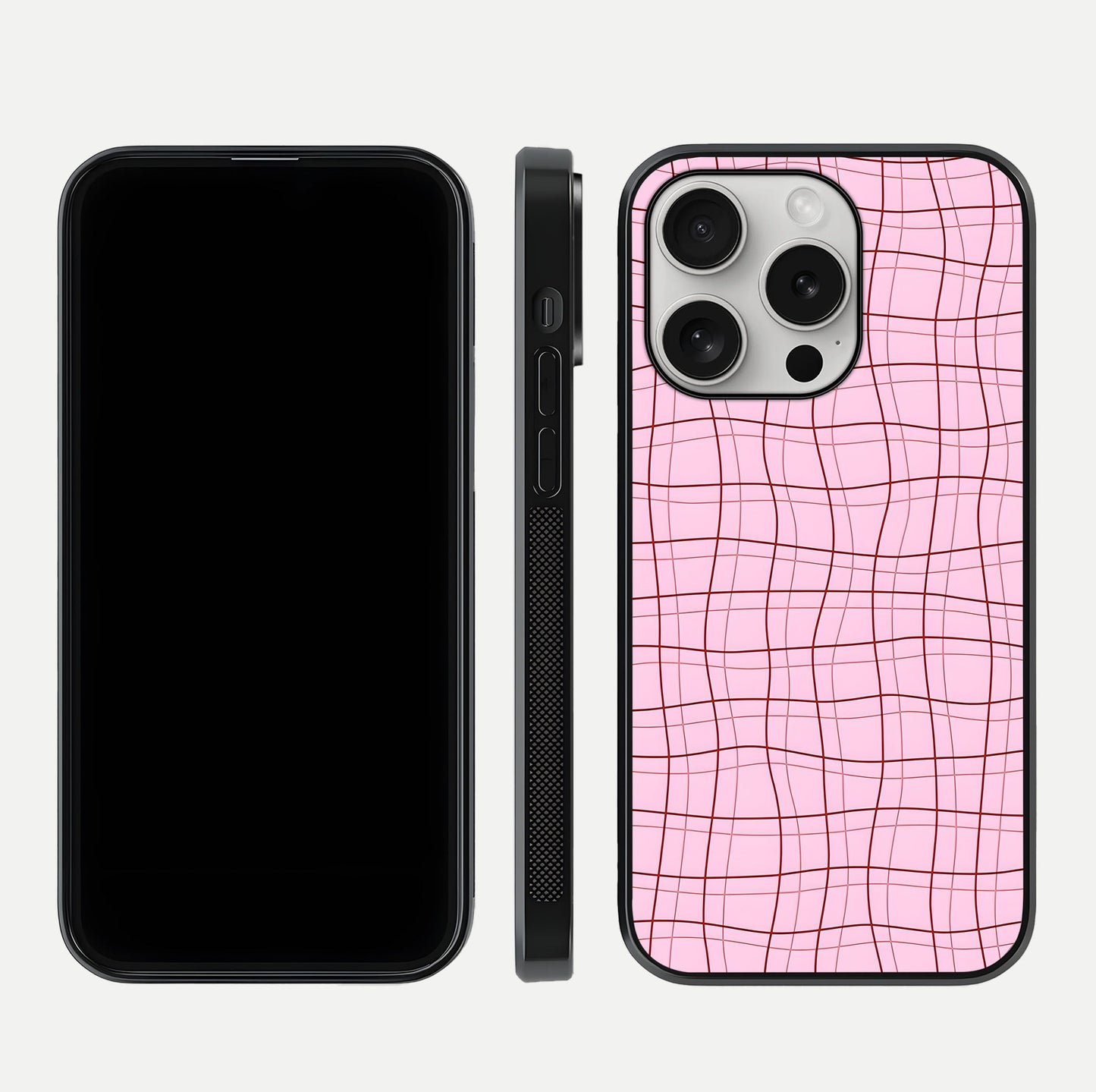 Soft Grid Bliss iPhone 16 Pro glass phone case front and side layout view displaying slim profile and clean design