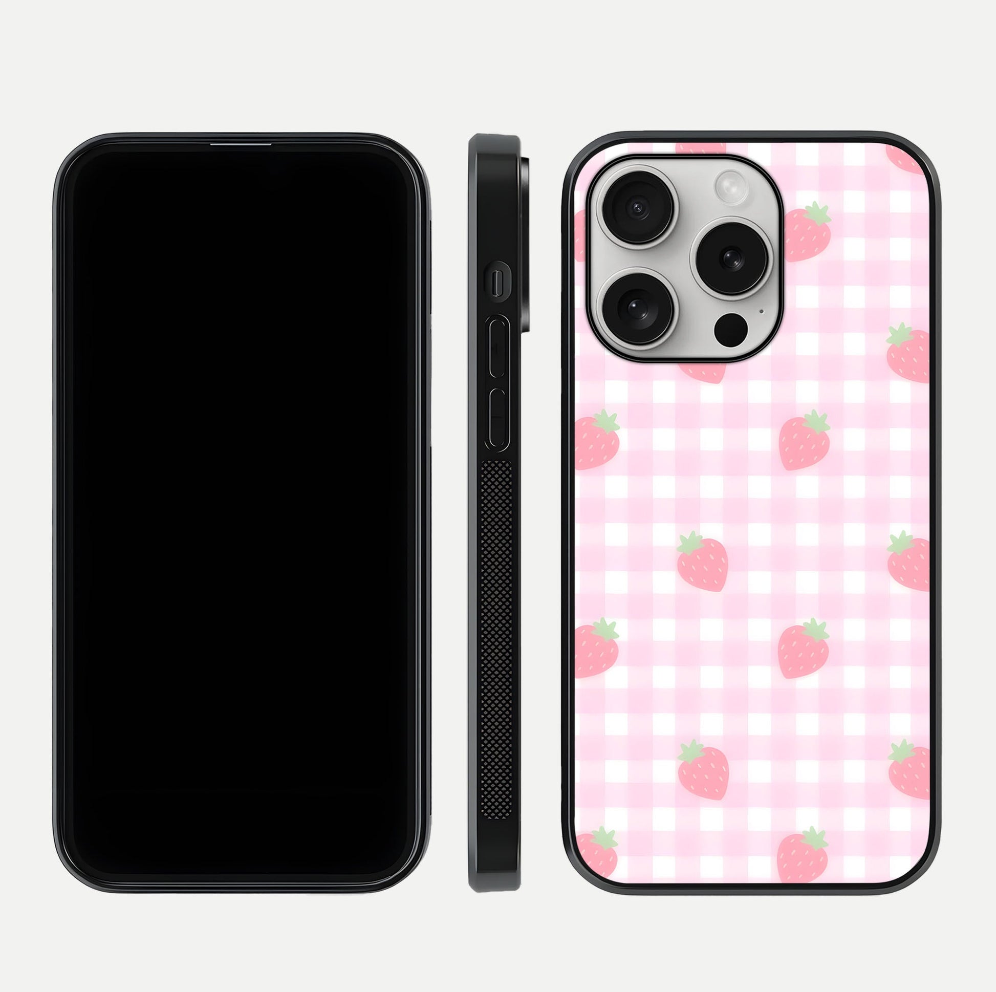 Strawberry Picnic Love iPhone 16 Pro glass phone case front and side layout view showing slim profile and full picnic design