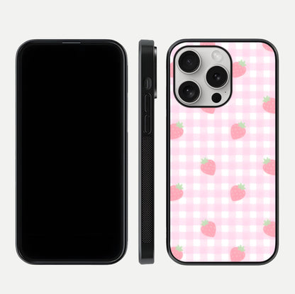 Strawberry Picnic Love iPhone 16 Pro glass phone case front and side layout view showing slim profile and full picnic design