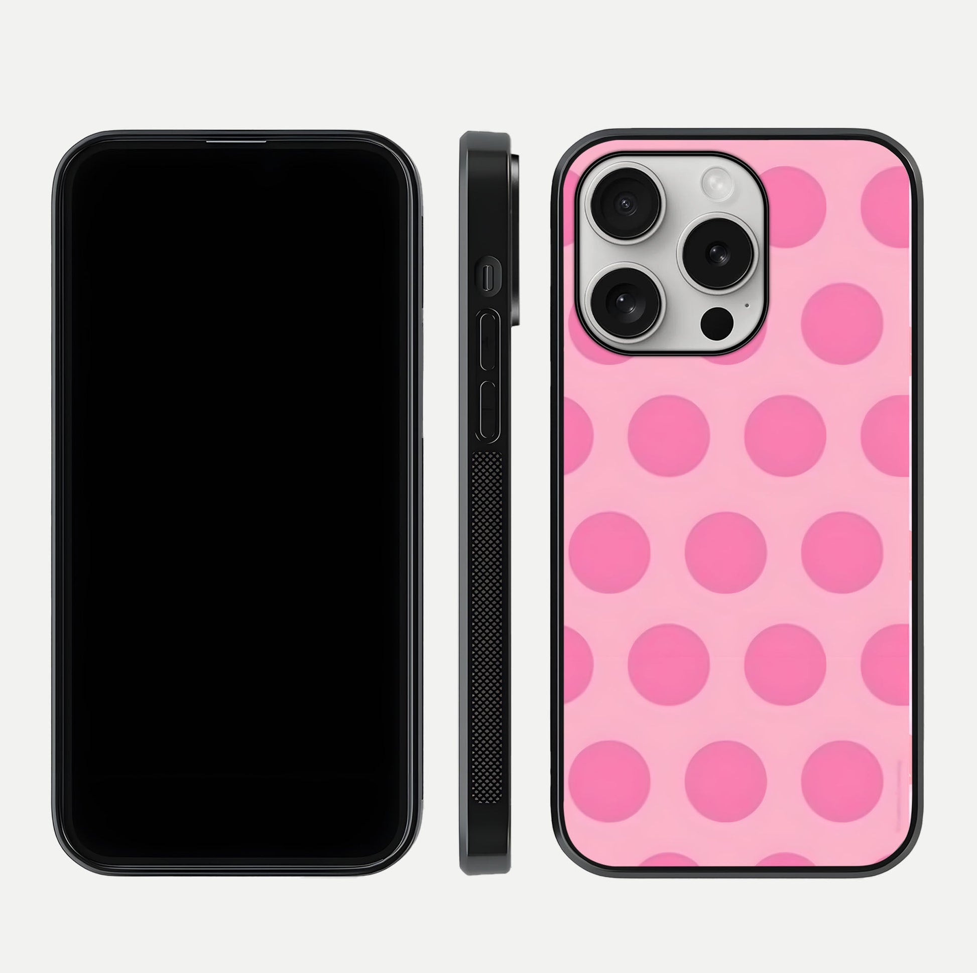 Sweet Dot Dreams iPhone 16 Pro glass phone case front and side layout view displaying slim build and full dot design