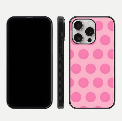Sweet Dot Dreams iPhone 16 Pro glass phone case front and side layout view displaying slim build and full dot design