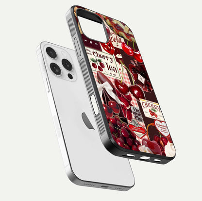 Aesthetic Cherry Tea Glass Case for iPhone 16 Pro floating dual-view mockup showing edge design and detailed cherry pattern gloss texture