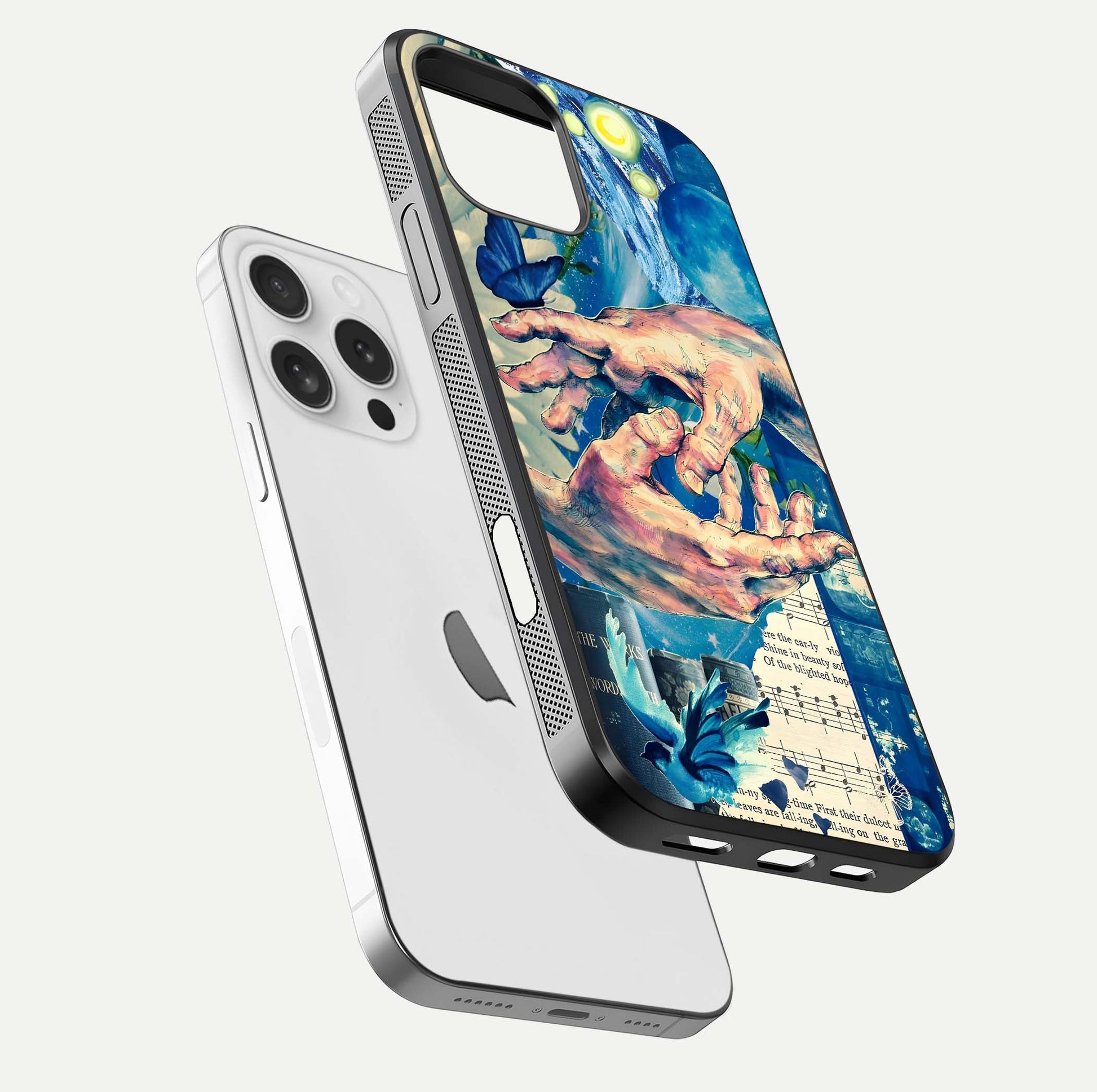 Aesthetic Divider Glass Case for iPhone 16 Pro floating dual-view mockup showing edge design and detailed divider gloss texture