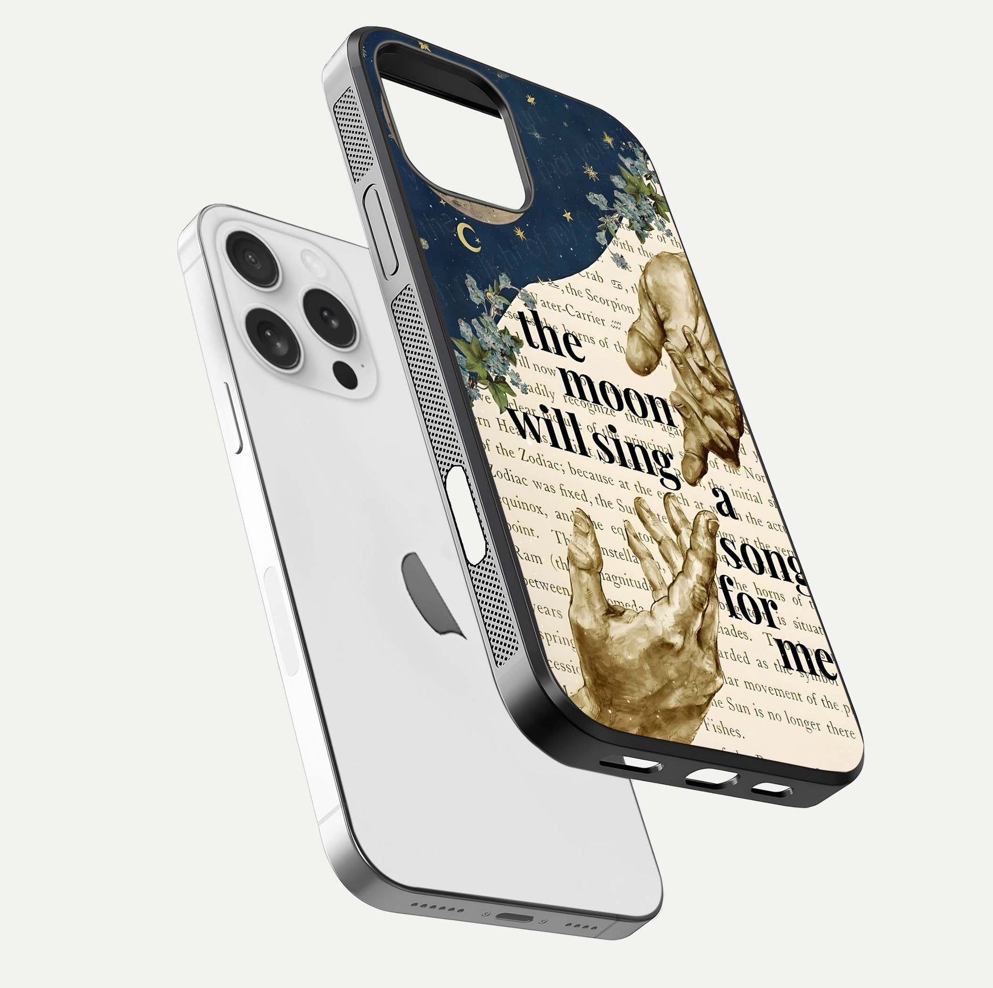 Aesthetic Divine Glass Case for iPhone 16 Pro floating dual-view mockup showing edge design and divine art gloss texture