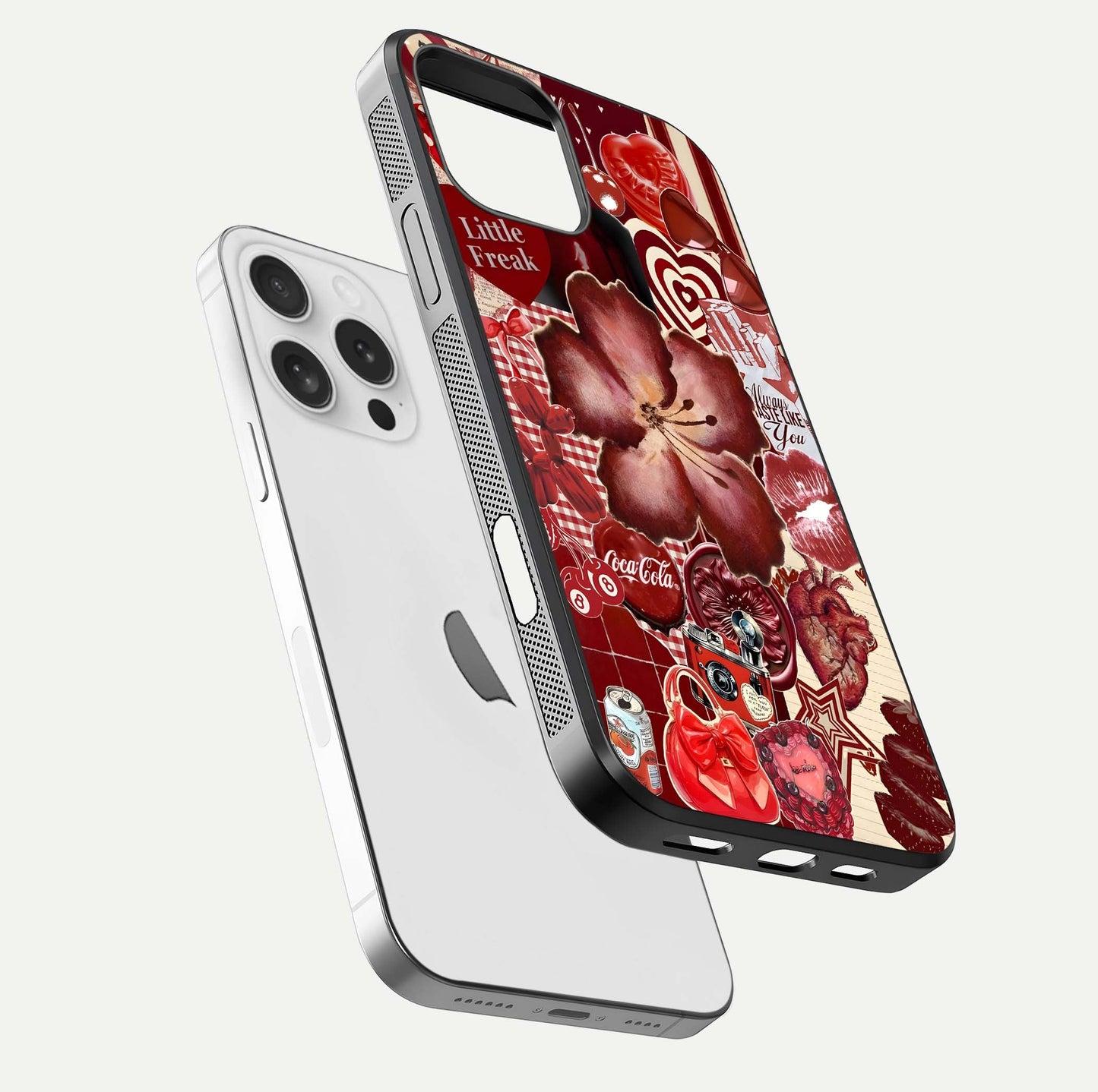 Aesthetic Little Freak Glass Case for iPhone 16 Pro floating dual-view mockup showing edge design and detailed collage gloss texture