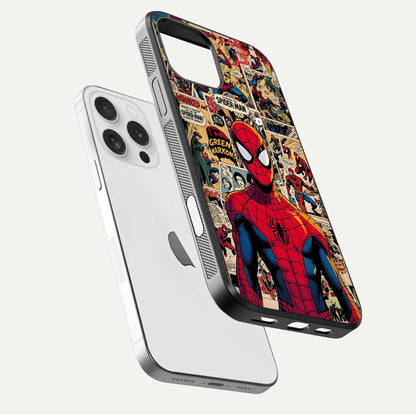 Aesthetic Spider Man Glass Case for iPhone 16 Pro floating dual-view mockup showing edge design and detailed Spider-Man gloss texture