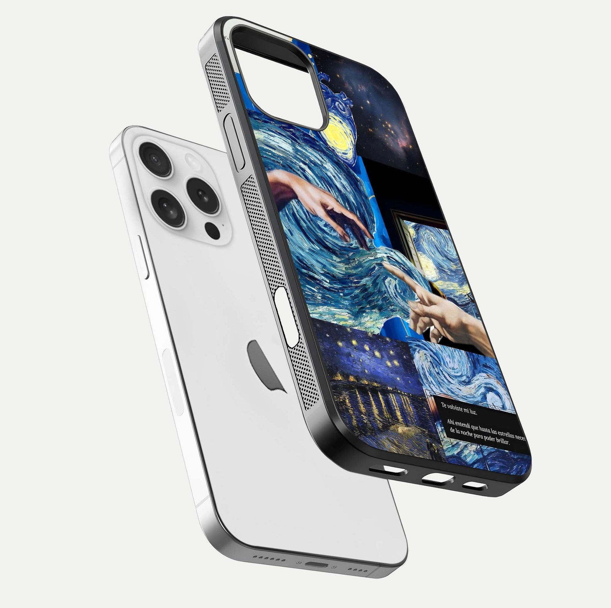 Aesthetic Vando Hands Glass Case for iPhone 16 Pro floating dual-view mockup showing slim edge profile and high-definition gloss