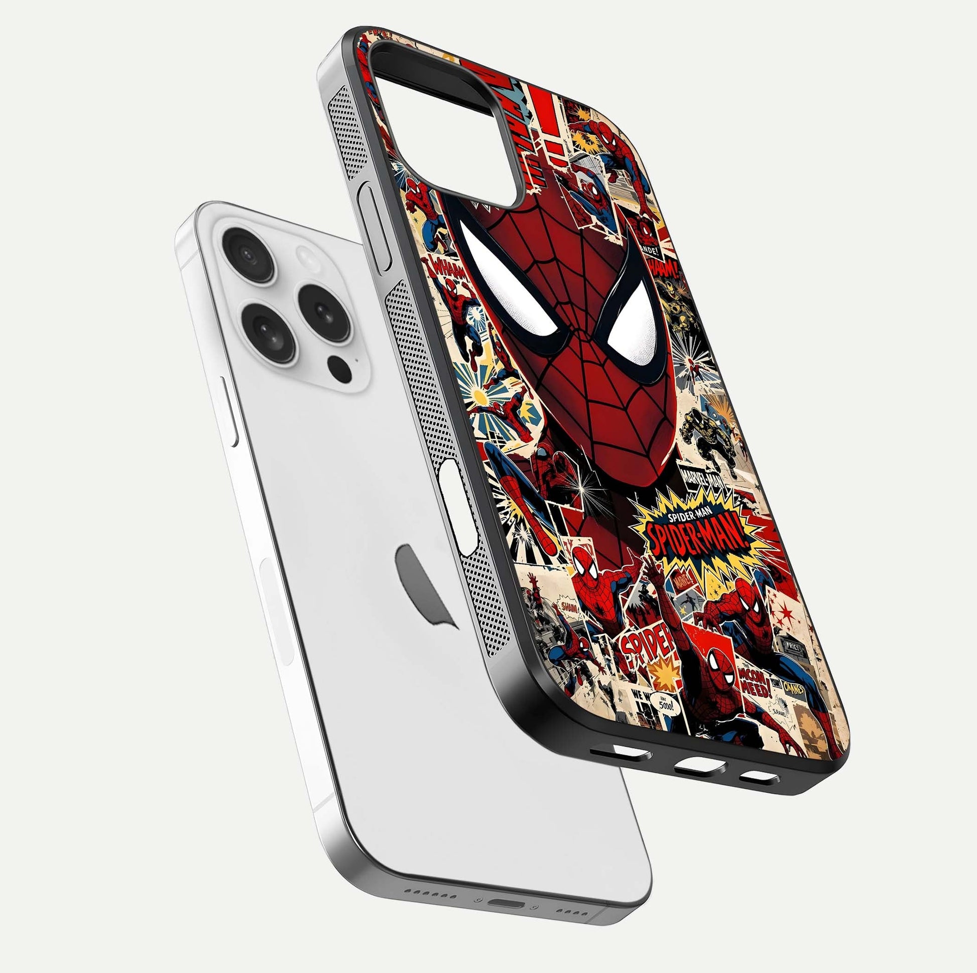 Aesthetic Wonder Spider Glass Case for iPhone 16 Pro floating mockup emphasizing superhero art and glossy reflection