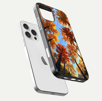 Autumn Sky Rise Glass Case for iPhone 16 Pro floating dual-view mockup with sky horizon and glossy highlights