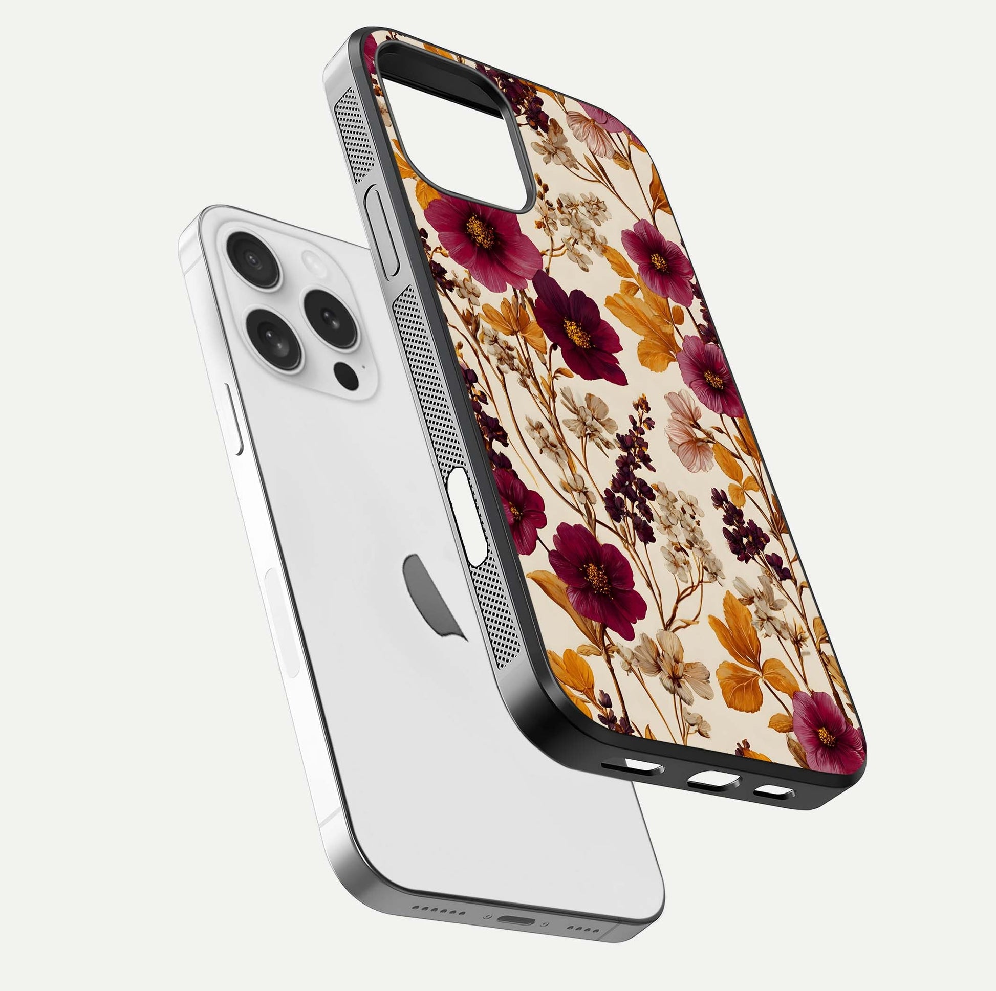 Autumn Wine Bloom Glass Case for iPhone 16 Pro floating mockup with premium floral gradient and protection edge
