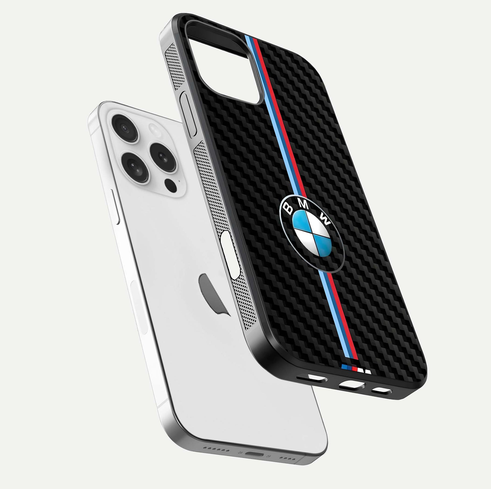 BMW Pattern Glass Case for iPhone 16 Pro floating mockup highlighting clean lines and metallic accent reflection