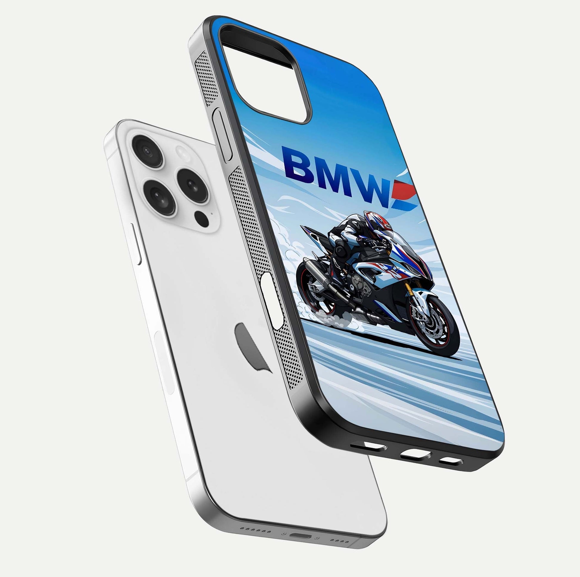 BMW Power Drift Glass Case for iPhone 16 Pro floating mockup displaying bold drift artwork and glossy polish