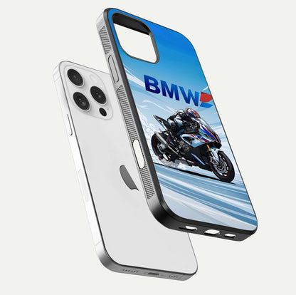 BMW Power Drift Glass Case for iPhone 16 Pro floating mockup displaying bold drift artwork and glossy polish