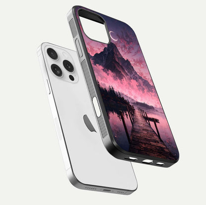Beautyful Mountain View Glass Case for iPhone 16 Pro floating dual mockup showing edges and reflective sky print