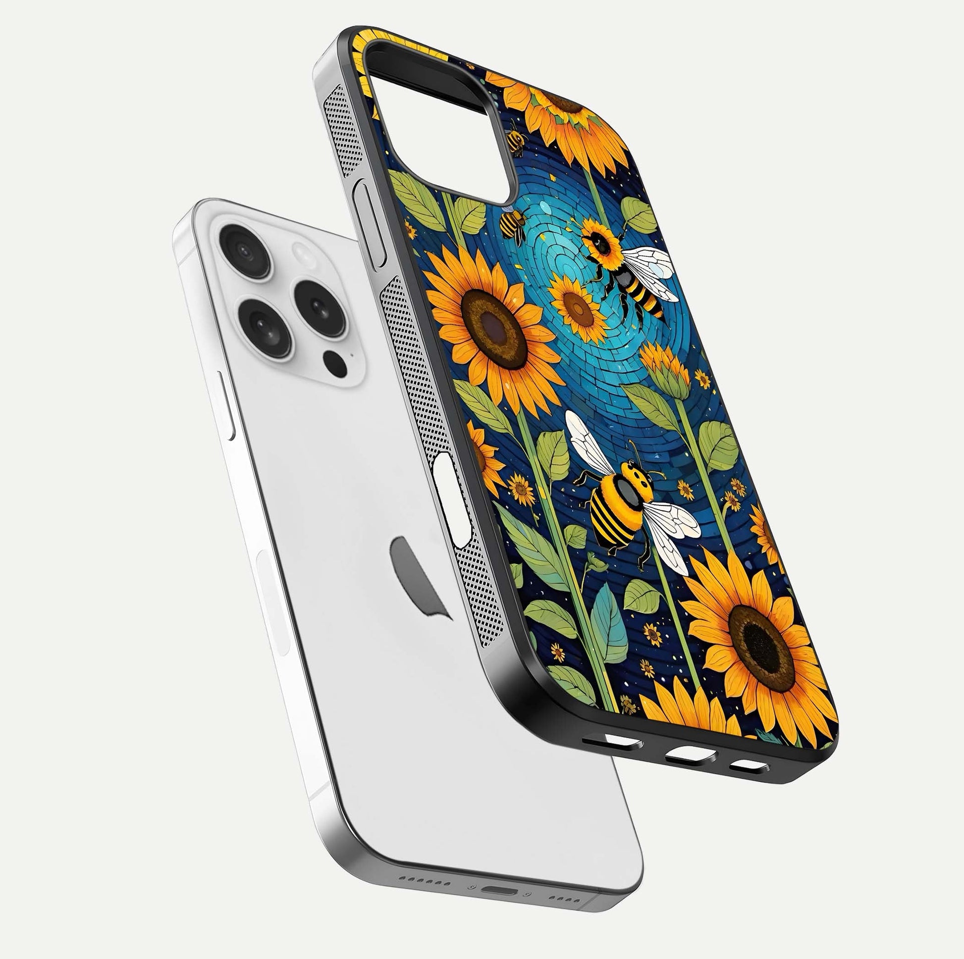 Bees & Sunflowers Glass Case for iPhone 16 Pro floating dual-view mockup displaying vibrant yellow tones and gloss texture