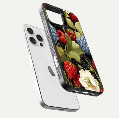 Berry Bloom Charm Glass Case for iPhone 16 Pro floating mockup capturing glossy reflection and curved-edge finish